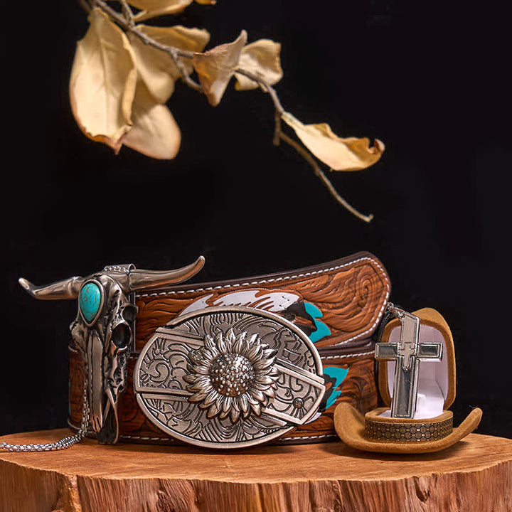 DIY Hidden Knife Belt Buckle Turquoise Bull Pendant Cross Necklace Bundle Set (PRE-SALE) - Sunflower - Brown Feather Belt - 40 - image 11
