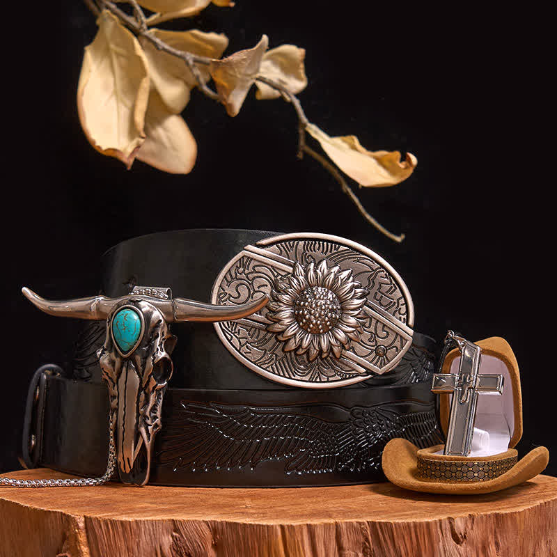 DIY Hidden Knife Belt Buckle Turquoise Bull Pendant Cross Necklace Bundle Set (PRE-SALE) - Sunflower - Black Embossed Eagle Belt - 42 - image 7