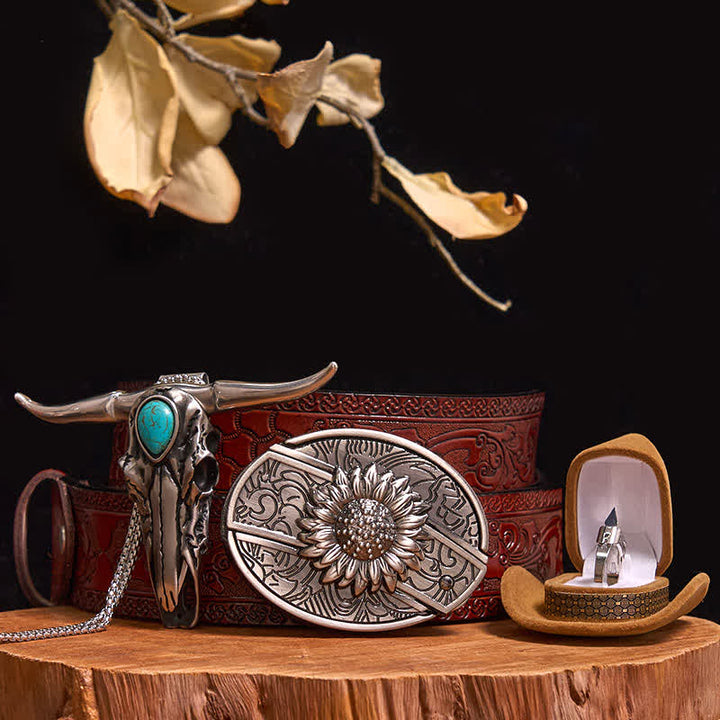 DIY Hidden Knife Belt Buckle Turquoise Bull Pendant Knife Ring Bundle Set (PRE-SALE) - Sunflower - Brown Carved Belt - 40 - image 9