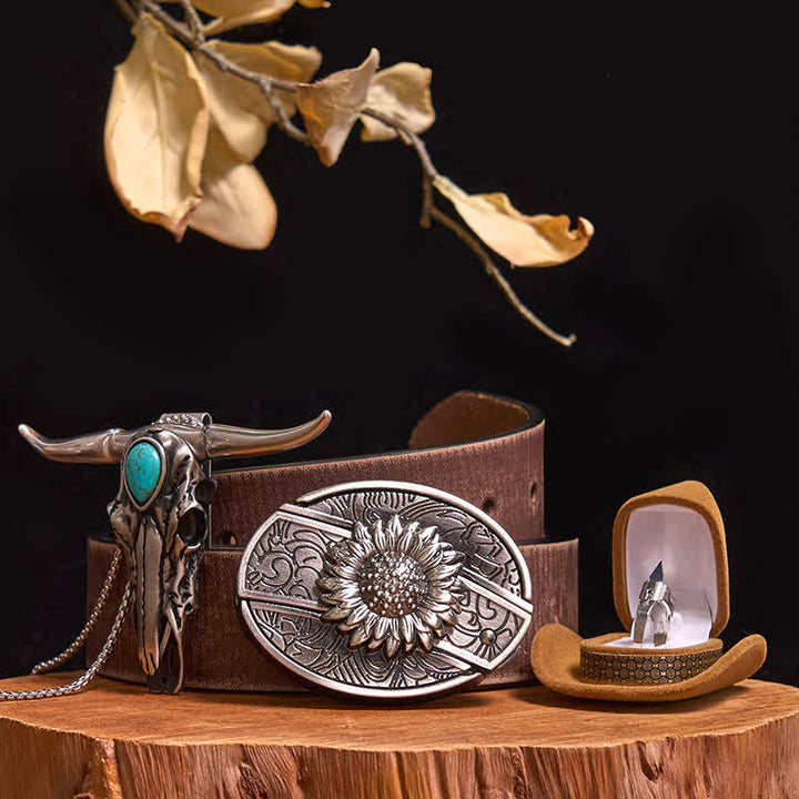 DIY Hidden Knife Belt Buckle Turquoise Bull Pendant Knife Ring Bundle Set (PRE-SALE) - Sunflower - Brown Distressed Belt - 40 - image 8