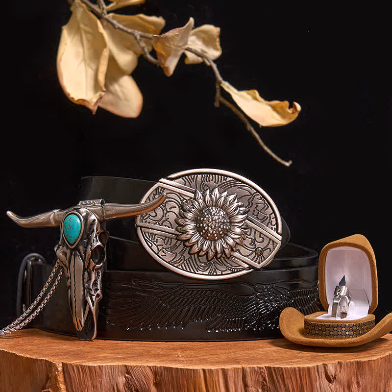 DIY Hidden Knife Belt Buckle Turquoise Bull Pendant Knife Ring Bundle Set - Sunflower - Black Embossed Eagle Belt - 40 - image 0