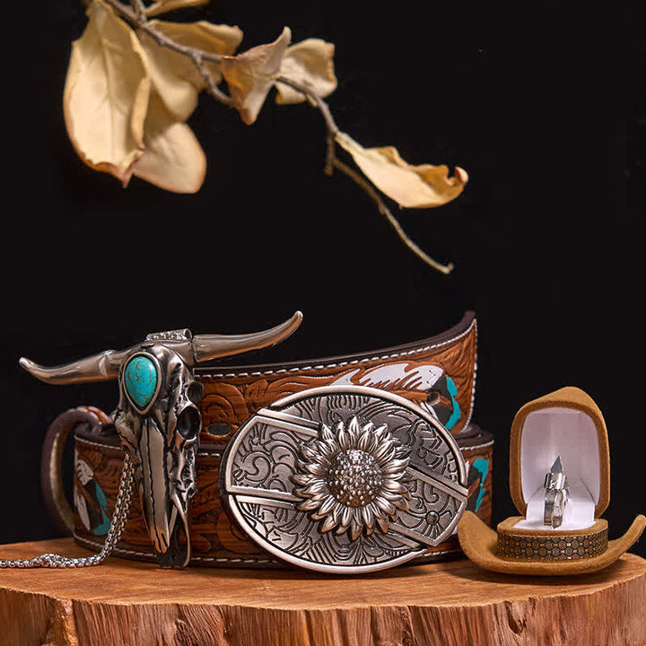 DIY Hidden Knife Belt Buckle Turquoise Bull Pendant Knife Ring Bundle Set (PRE-SALE) - Sunflower - Brown Feather Belt - 40 - image 10
