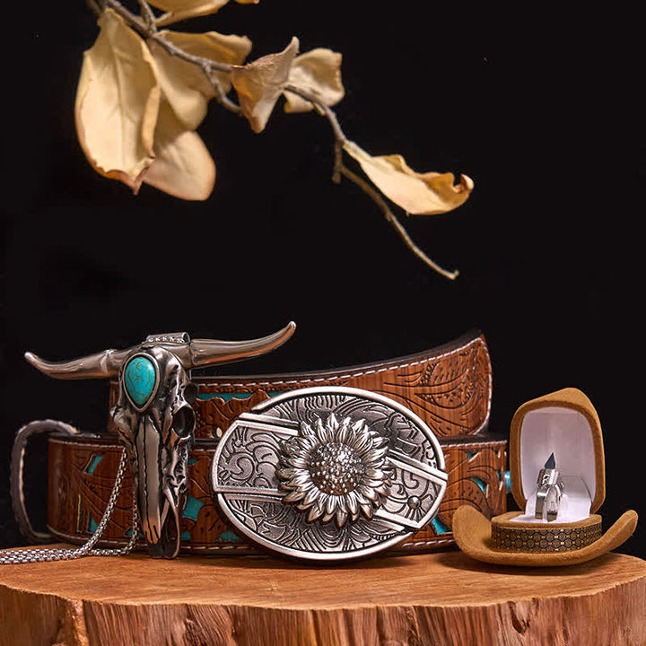 DIY Hidden Knife Belt Buckle Turquoise Bull Pendant Knife Ring Bundle Set - Sunflower - Turquoise Carved Belt - 40 - image 6