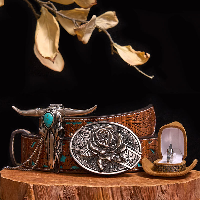 DIY Hidden Knife Belt Buckle Turquoise Bull Pendant Knife Ring Bundle Set (PRE-SALE) - Rose - Turquoise Carved Belt - 40 - image 20