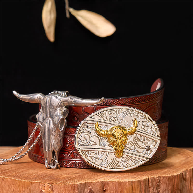 Gold & Silver DIY Hidden Knife Belt Buckle Longhorn Bull Pendant Bundle Set - Bull - Brown Carved Belt - 42 - image 9