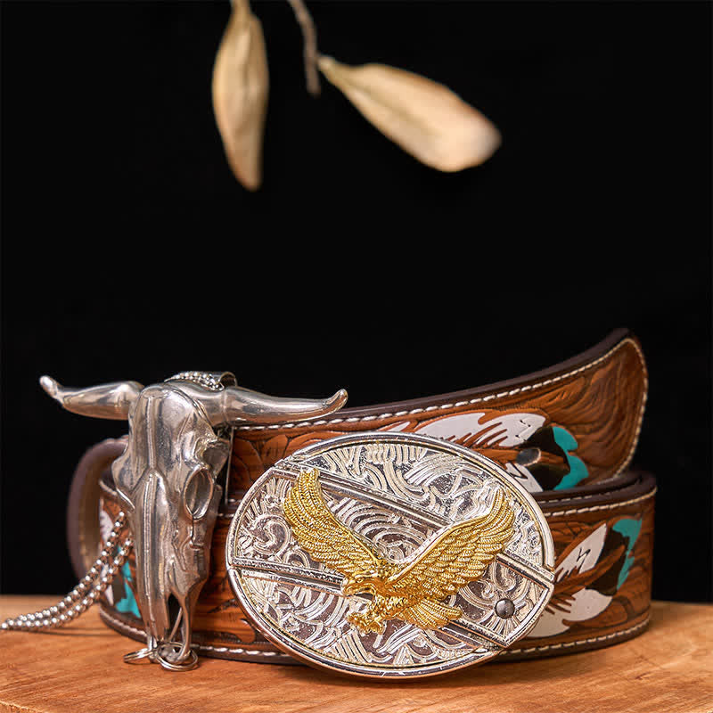 Gold & Silver DIY Hidden Knife Belt Buckle Longhorn Bull Pendant Bundle Set - Eagle - Brown Feather Belt - 40 - image 34