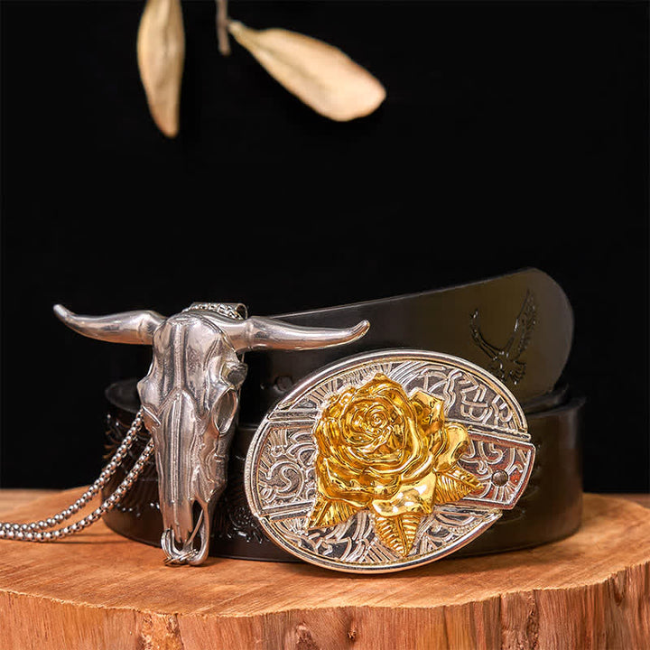 Gold & Silver DIY Hidden Knife Belt Buckle Longhorn Bull Pendant Bundle Set - Rose - Black Embossed Eagle Belt - 42 - image 20