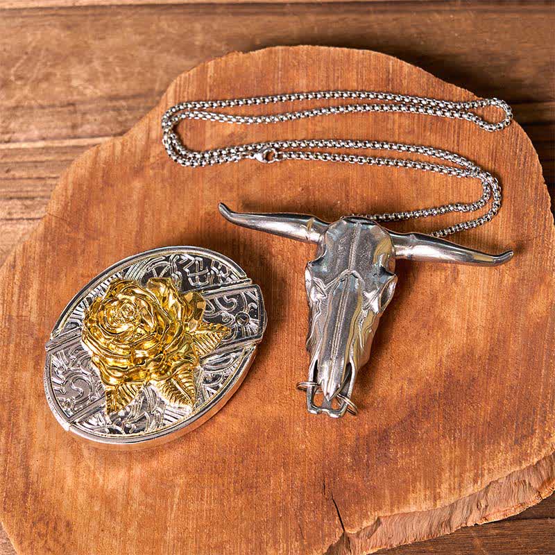 Gold & Silver DIY Hidden Knife Belt Buckle Longhorn Bull Pendant Bundle Set - Rose - Without Belt - Not Include Belt - image 17