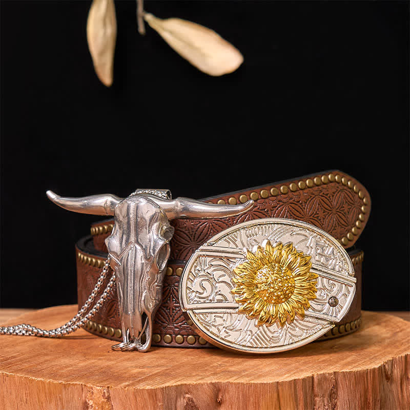 Gold & Silver DIY Hidden Knife Belt Buckle Longhorn Bull Pendant Bundle Set - Sunflower - Brown Rivet Belt - 42 - image 13