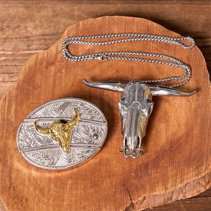 Gold & Silver DIY Hidden Knife Belt Buckle Longhorn Bull Pendant Bundle Set - Bull - Without Belt - Not Include Belt - image 1