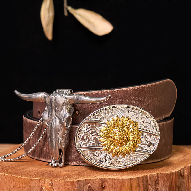 Gold & Silver DIY Hidden Knife Belt Buckle Longhorn Bull Pendant Bundle Set - Sunflower - Brown Distressed Belt - 42 - image 14