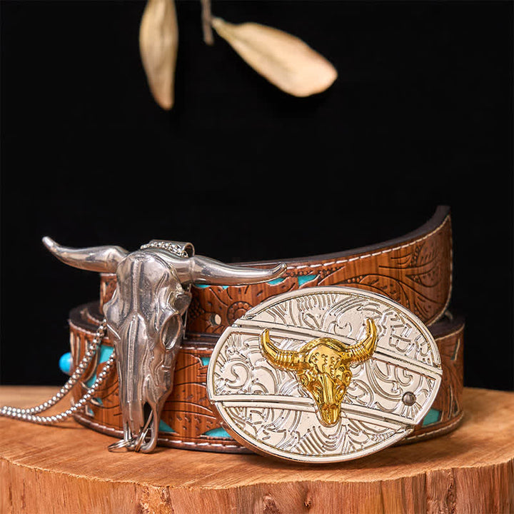 Gold & Silver DIY Hidden Knife Belt Buckle Longhorn Bull Pendant Bundle Set - Bull - Turquoise Carved Belt - 42 - image 6