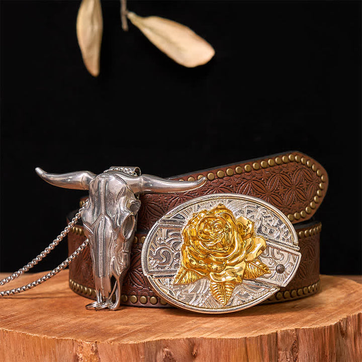 Gold & Silver DIY Hidden Knife Belt Buckle Longhorn Bull Pendant Bundle Set - Rose - Brown Rivet Belt - 42 - image 22