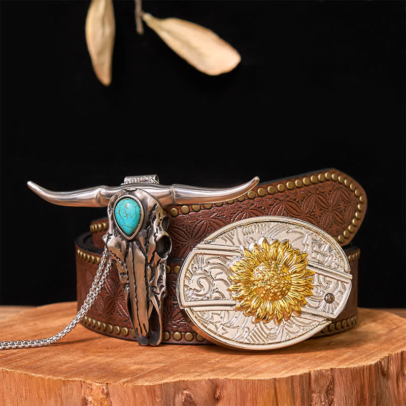 Gold & Silver DIY Hidden Knife Belt Buckle Turquoise Longhorn Pendant Bundle Set - Sunflower - Brown Rivet Belt - 42 - image 16