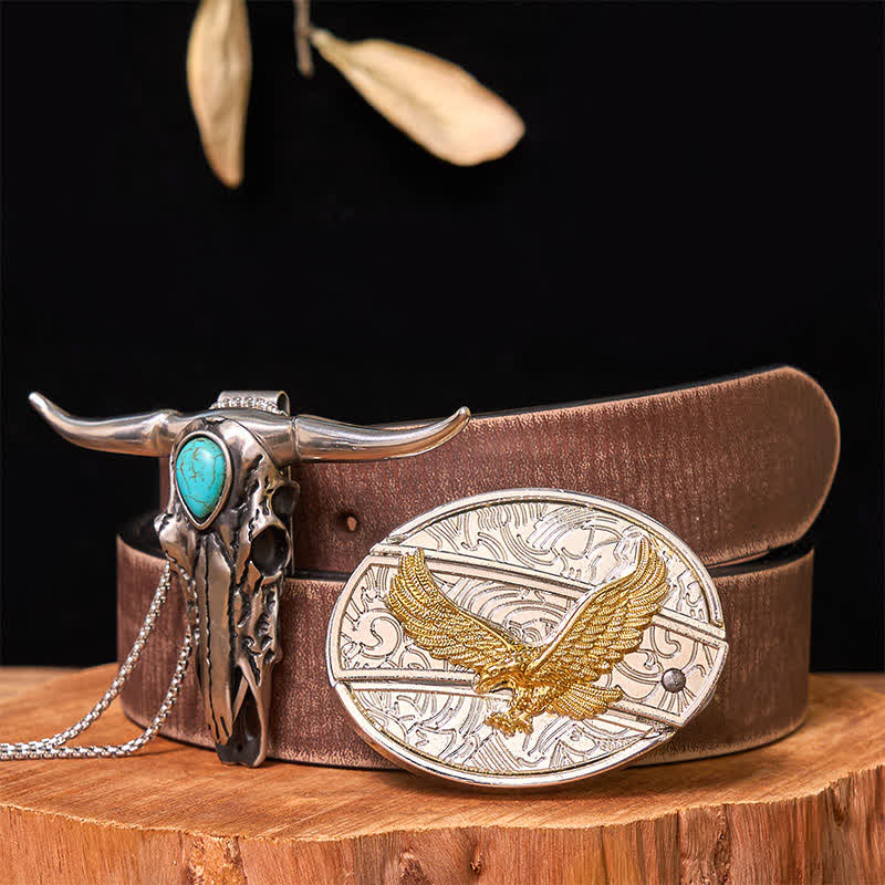 Gold & Silver DIY Hidden Knife Belt Buckle Turquoise Longhorn Pendant Bundle Set (PRE-SALE) - Eagle - Brown Distressed Belt - 42 - image 35