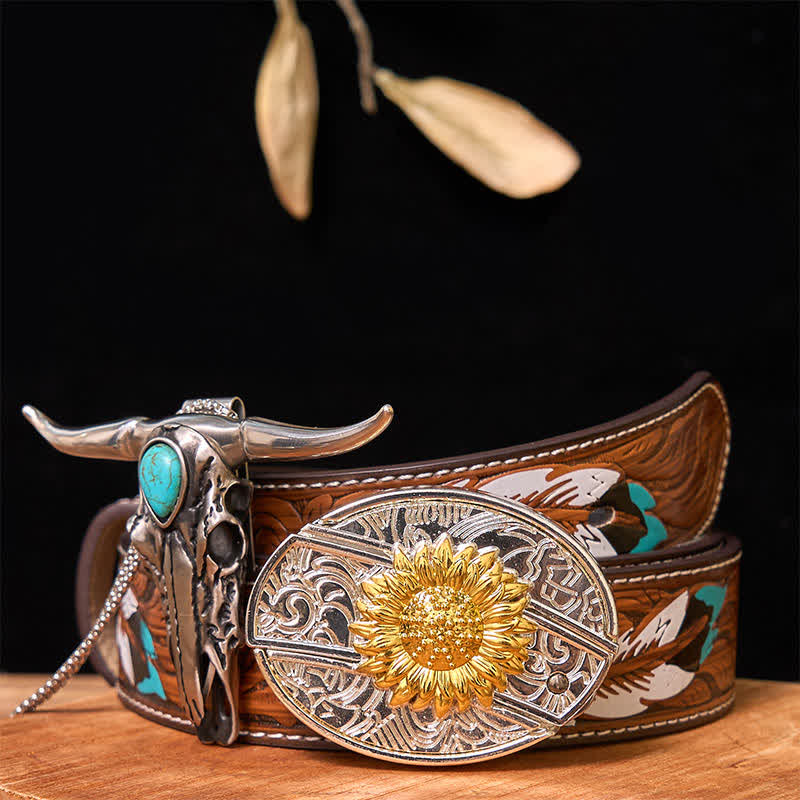 Gold & Silver DIY Hidden Knife Belt Buckle Turquoise Longhorn Pendant Bundle Set - Sunflower - Brown Feather Belt - 40 - image 19