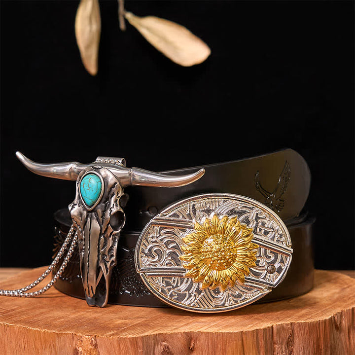 Gold & Silver DIY Hidden Knife Belt Buckle Turquoise Longhorn Pendant Bundle Set (PRE-SALE) - Sunflower - Black Embossed Eagle Belt - 42 - image 14