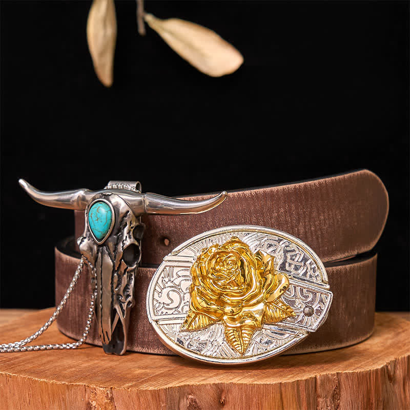 Gold & Silver DIY Hidden Knife Belt Buckle Turquoise Longhorn Pendant Bundle Set - Rose - Brown Distressed Belt - 42 - image 26