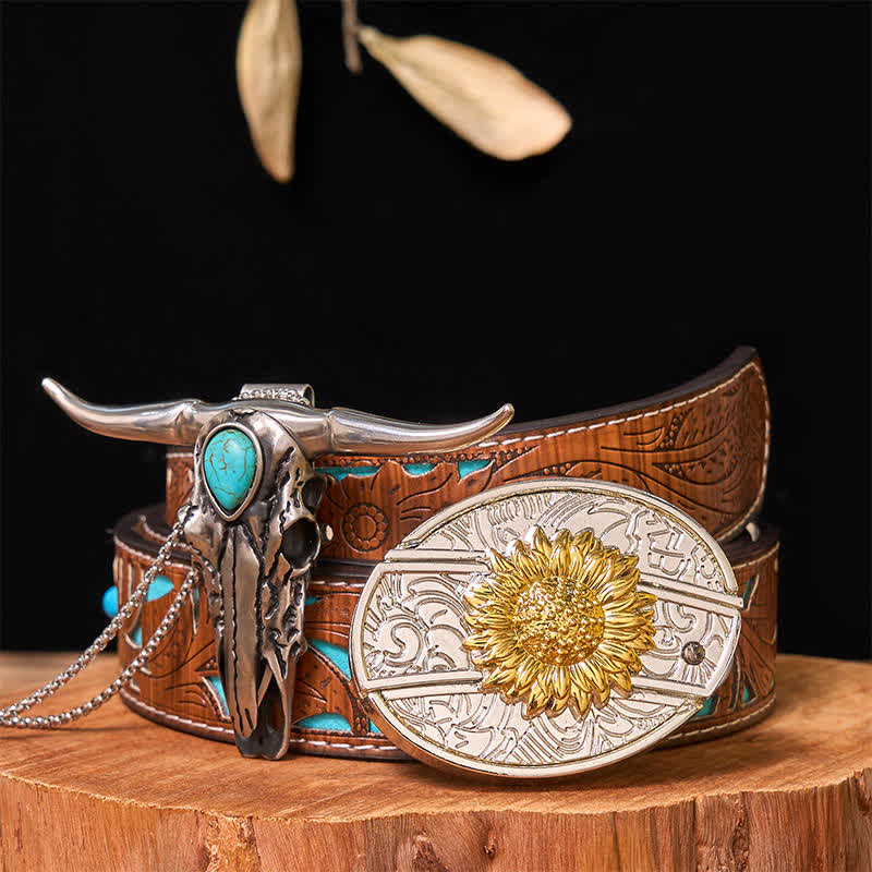 Gold & Silver DIY Hidden Knife Belt Buckle Turquoise Longhorn Pendant Bundle Set (PRE-SALE) - Sunflower - Turquoise Carved Belt - 42 - image 15