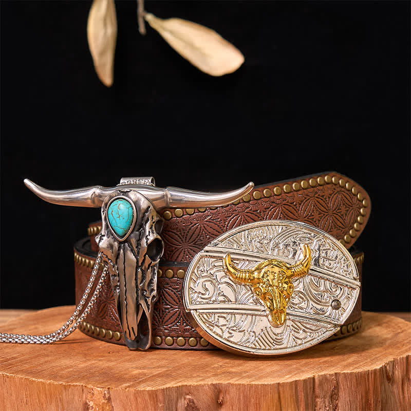 Gold & Silver DIY Hidden Knife Belt Buckle Turquoise Longhorn Pendant Bundle Set (PRE-SALE) - Bull - Brown Rivet Belt - 42 - image 8