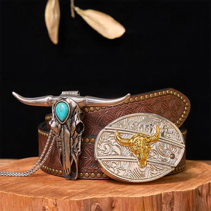 Gold & Silver DIY Hidden Knife Belt Buckle Turquoise Longhorn Pendant Bundle Set (PRE-SALE) - Bull - Brown Rivet Belt - 42 - image 8