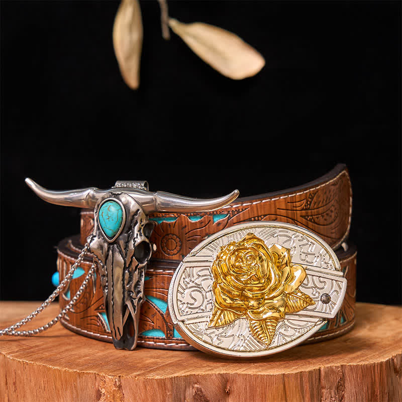 Gold & Silver DIY Hidden Knife Belt Buckle Turquoise Longhorn Pendant Bundle Set (PRE-SALE) - Rose - Turquoise Carved Belt - 42 - image 24