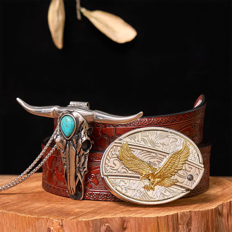 Gold & Silver DIY Hidden Knife Belt Buckle Turquoise Longhorn Pendant Bundle Set (PRE-SALE) - Eagle - Brown Carved Belt - 42 - image 36