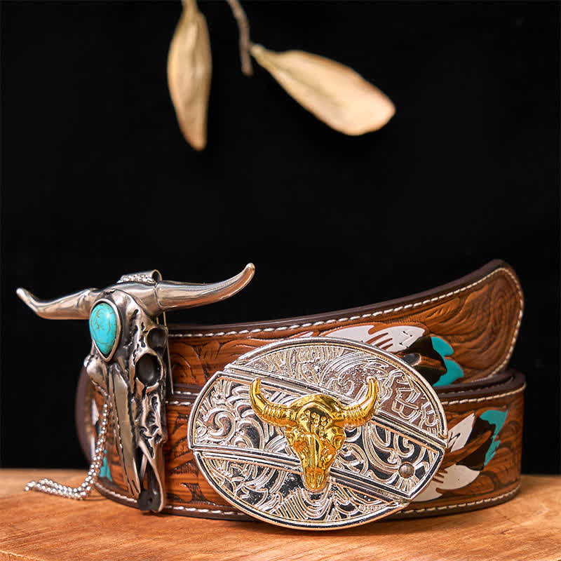 Gold & Silver DIY Hidden Knife Belt Buckle Turquoise Longhorn Pendant Bundle Set (PRE-SALE) - Bull - Brown Feather Belt - 40 - image 0