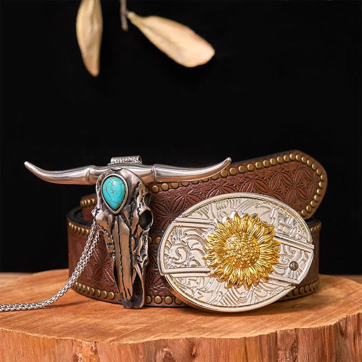 Gold & Silver DIY Hidden Knife Belt Buckle Turquoise Longhorn Pendant Bundle Set (PRE-SALE) - Sunflower - Brown Rivet Belt - 42 - image 16