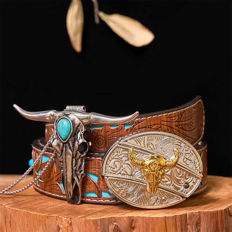 Gold & Silver DIY Hidden Knife Belt Buckle Turquoise Longhorn Pendant Bundle Set (PRE-SALE) - Bull - Turquoise Carved Belt - 42 - image 7