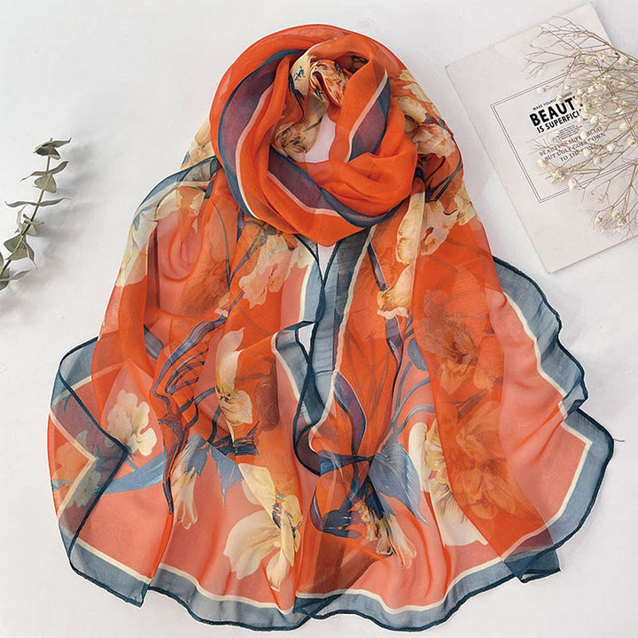 Women's Soft Summer Chiffon Flower Pattern Beach Sunscreen Scarf - #34 Orange Hibiscus Mutabilis - image 36
