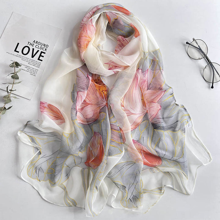 Women's Soft Summer Chiffon Flower Pattern Beach Sunscreen Scarf - #39 Light Pink Lotus - image 41