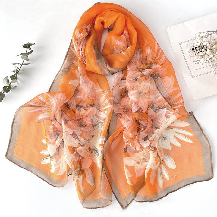Women's Soft Summer Chiffon Flower Pattern Beach Sunscreen Scarf - #17 Orange Lily - image 19