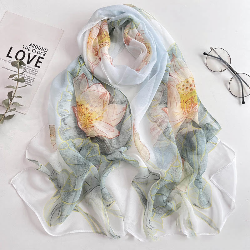 Women's Soft Summer Chiffon Flower Pattern Beach Sunscreen Scarf - #36 Lotus - image 38