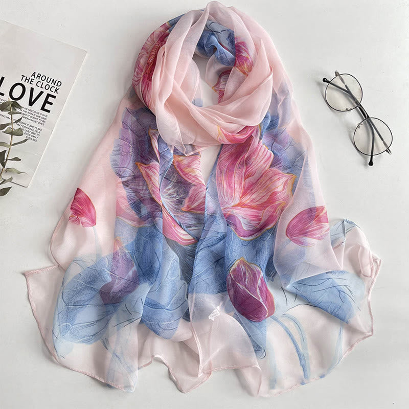 Women's Soft Summer Chiffon Flower Pattern Beach Sunscreen Scarf - #37 Pink Lotus - image 37