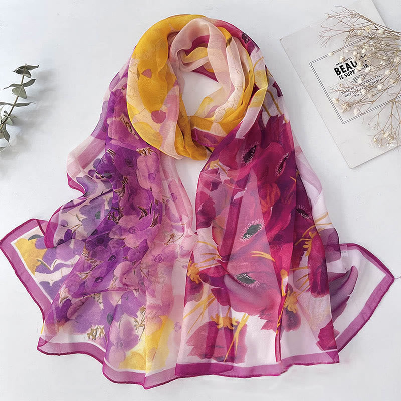 Women's Soft Summer Chiffon Flower Pattern Beach Sunscreen Scarf - #31 Purple Corn Poppy - image 32