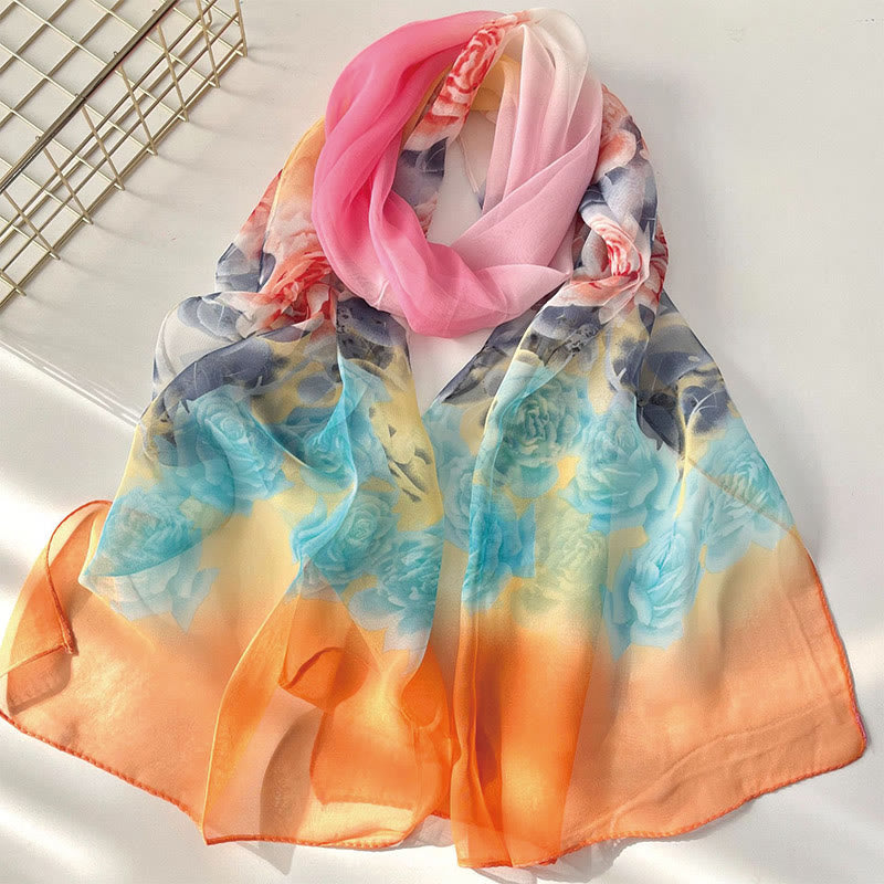 Women's Soft Summer Chiffon Flower Pattern Beach Sunscreen Scarf - #41 Blue Rose - image 43