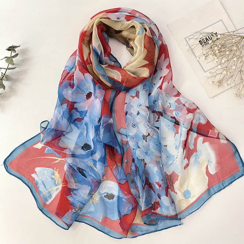 Women's Soft Summer Chiffon Flower Pattern Beach Sunscreen Scarf - #32 Blue Corn Poppy - image 34