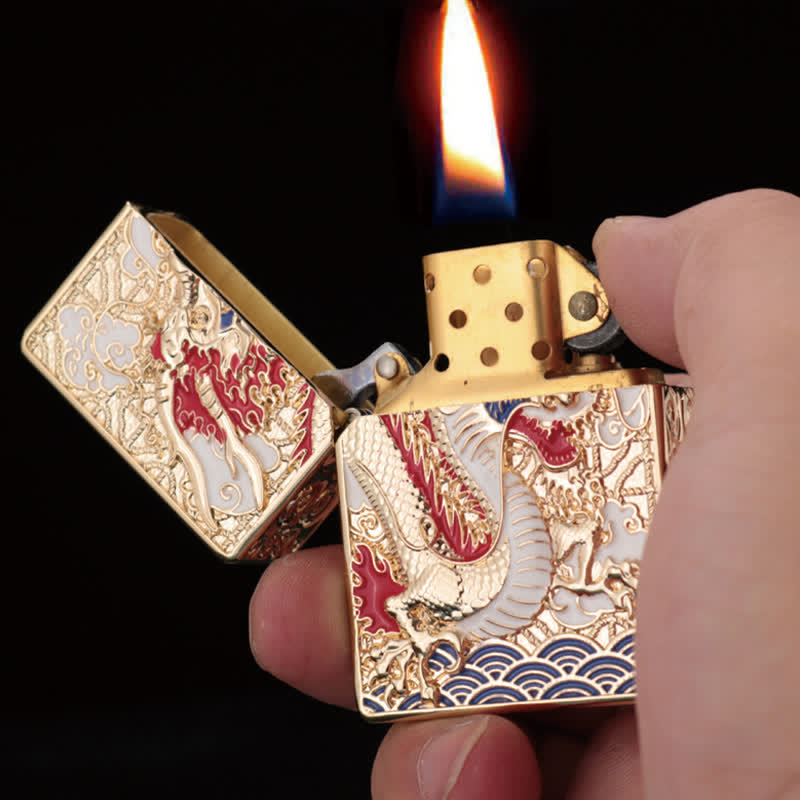 Two-Sided Luxury Dragon Relief Refillable Kerosene Lighter