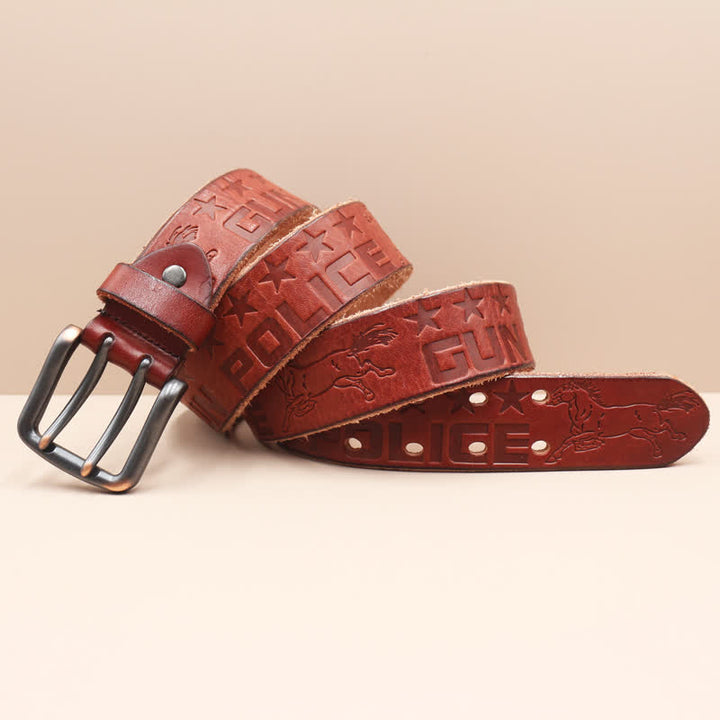 English Letter Gun Police Embossed Horse PatternLeather Belt