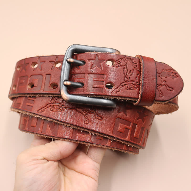 English Letter Gun Police Embossed Horse PatternLeather Belt