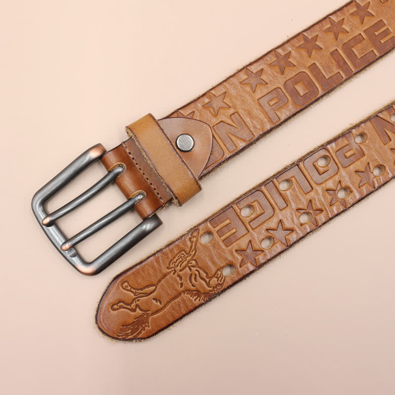 English Letter Gun Police Embossed Horse PatternLeather Belt