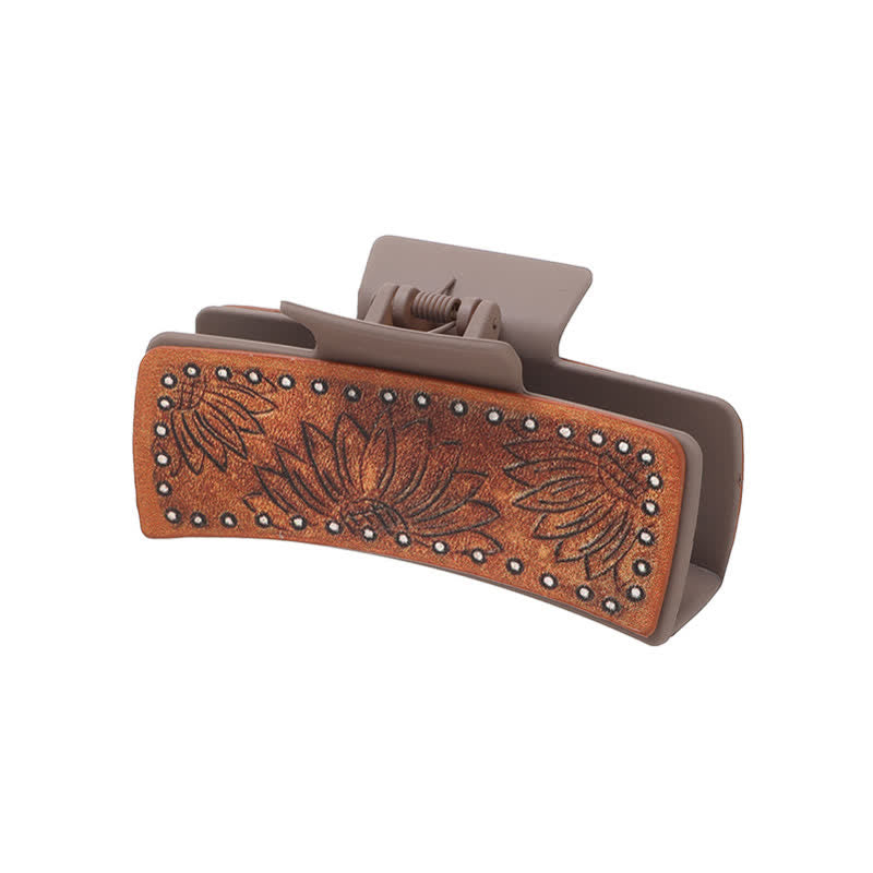 Women's Brown PU Leather Sunflower Print Hair Claw Clip