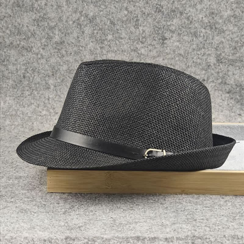 Men's British Plaid Houndstooth Pattern Summer Straw Fedora Hat