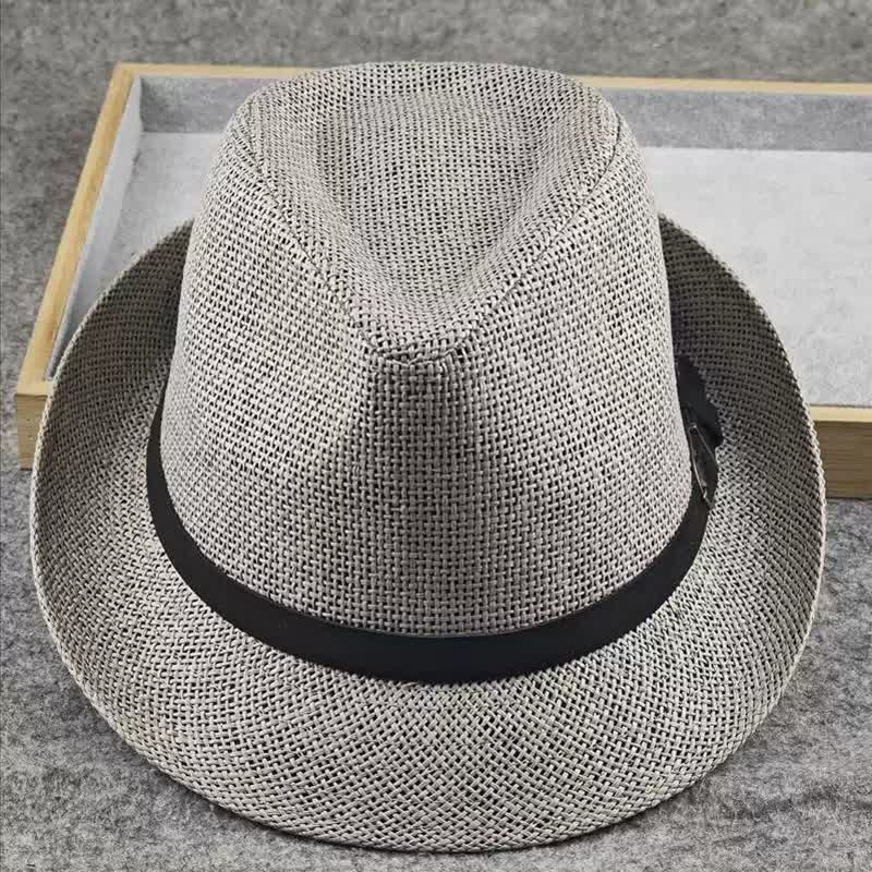 Men's British Plaid Houndstooth Pattern Summer Straw Fedora Hat