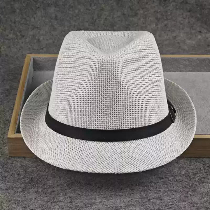 Men's British Plaid Houndstooth Pattern Summer Straw Fedora Hat