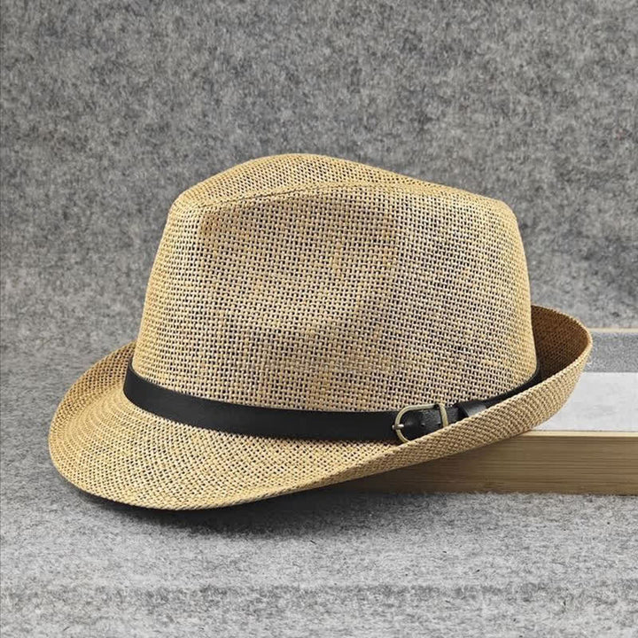 Men's British Plaid Houndstooth Pattern Summer Straw Fedora Hat