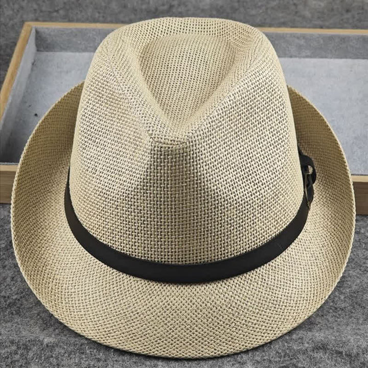 Men's British Plaid Houndstooth Pattern Summer Straw Fedora Hat