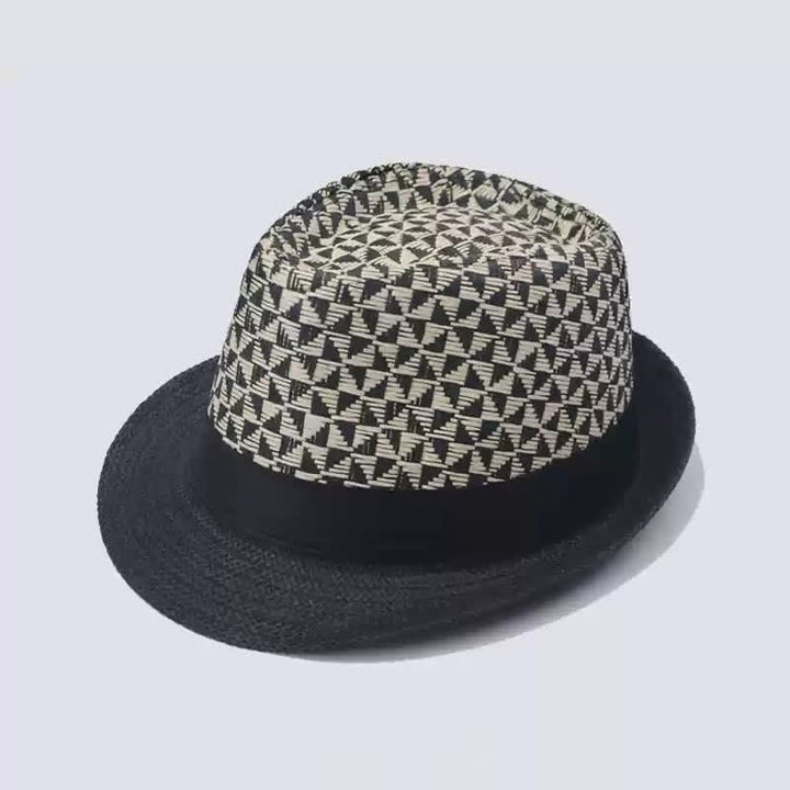 Men's Classical Check Pattern Beach Straw Fedora Hat