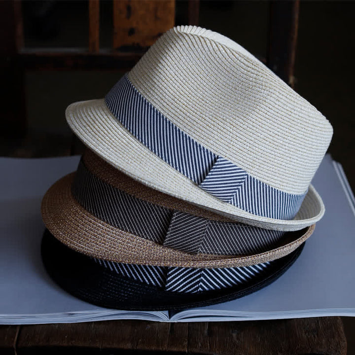 Men's Graceful Striped Ribbon Beach Straw Fedora Hat